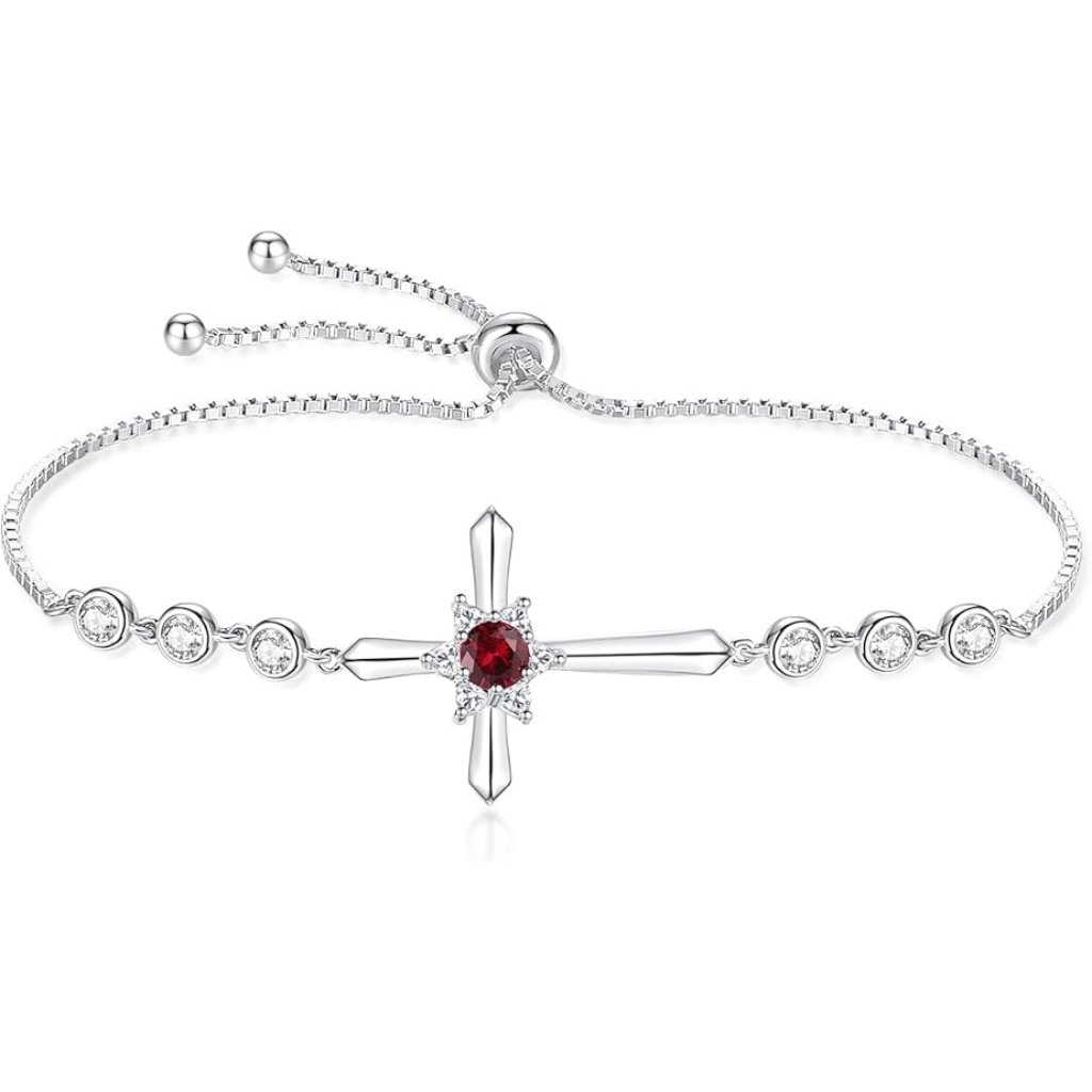 Cross 925 Sterling Silver Halo Birthstone Bracelet - 01-Garnet